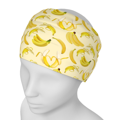 Yellow headband/neck gaiter with bananas.