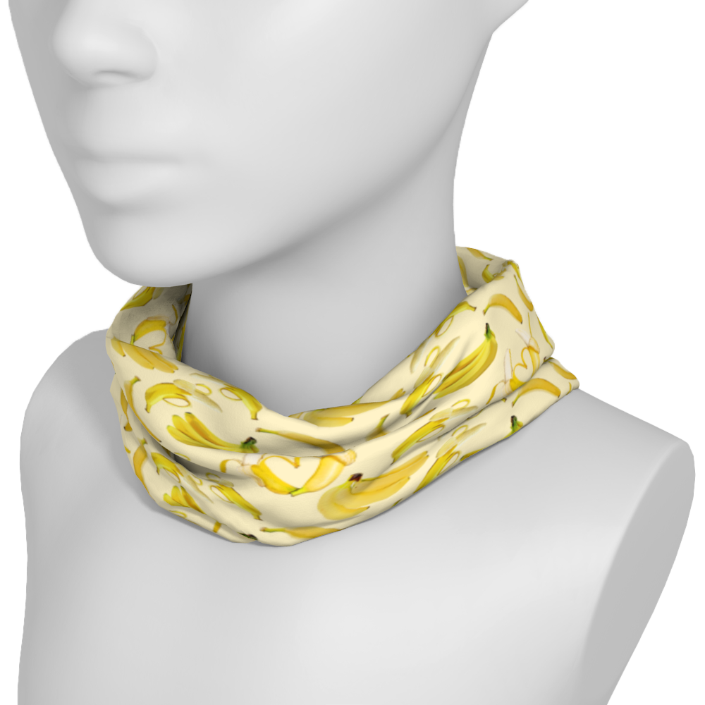 Yellow headband/neck gaiter with bananas.