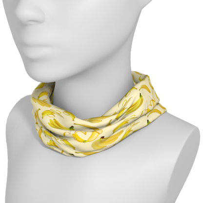 Yellow headband/neck gaiter with bananas.