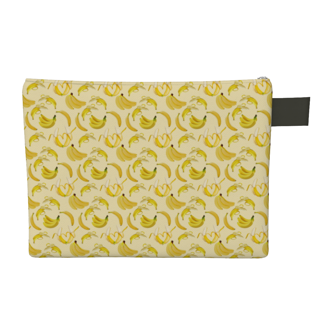 Yellow carry-all zipper pouch featuring bananas, great for travel, laptops, tablets, books, and more.