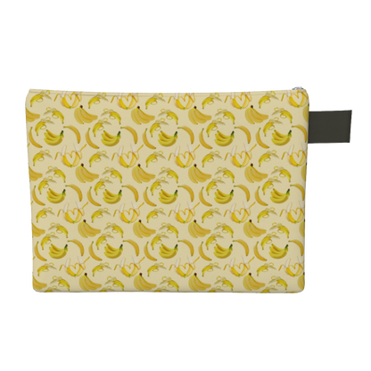 Yellow carry-all zipper pouch featuring bananas, great for travel, laptops, tablets, books, and more.