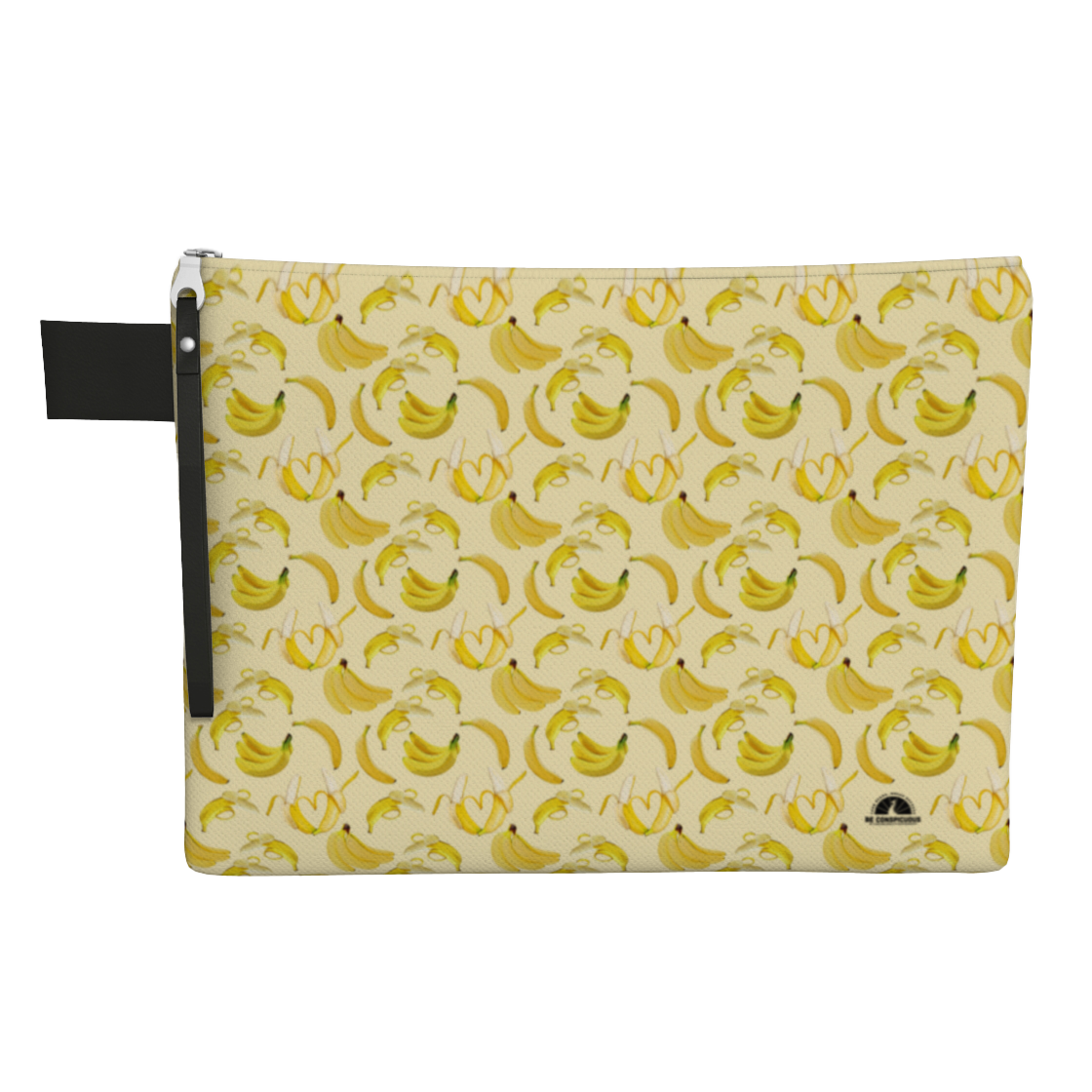 Yellow carry-all zipper pouch featuring bananas, great for travel, laptops, tablets, books, and more.