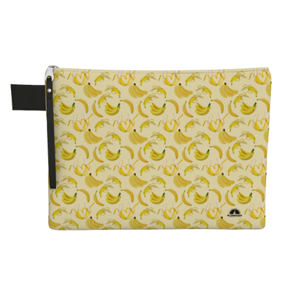 Yellow carry-all zipper pouch featuring bananas, great for travel, laptops, tablets, books, and more.