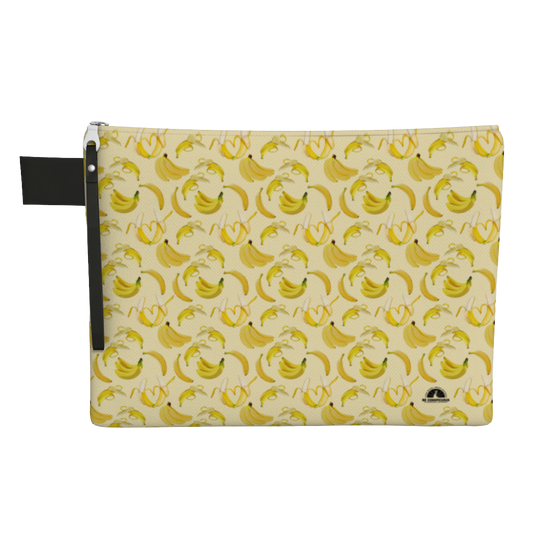 Yellow carry-all zipper pouch featuring bananas, great for travel, laptops, tablets, books, and more.