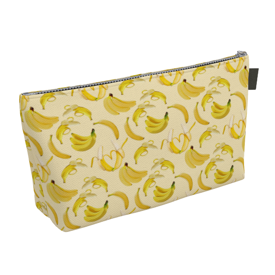 Yellow, denim lined zippered small bags featuring bananas, great for travel, make-up, and more.