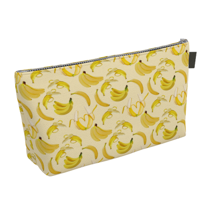 Yellow, denim lined zippered small bags featuring bananas, great for travel, make-up, and more.