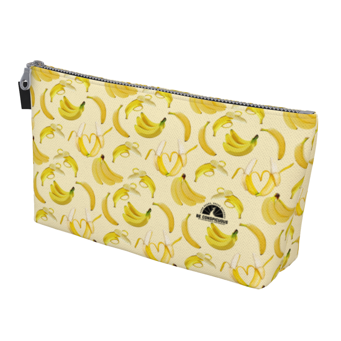 Yellow, denim lined zippered small bags featuring bananas, great for travel, make-up, and more.