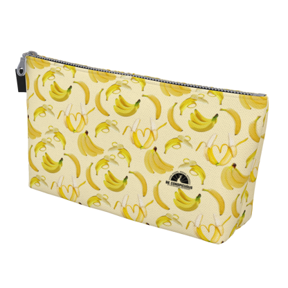 Yellow, denim lined zippered small bags featuring bananas, great for travel, make-up, and more.