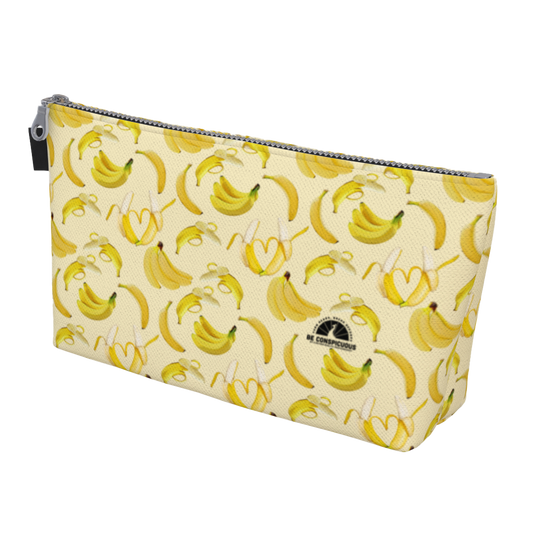 Yellow, denim lined zippered small bags featuring bananas, great for travel, make-up, and more.