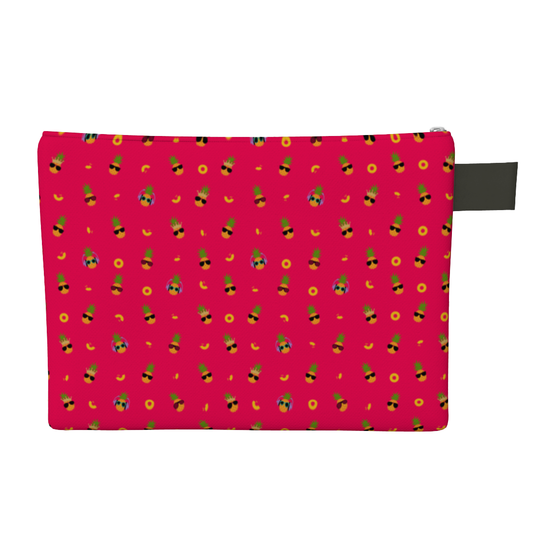 Pink carry-all zipper pouch with pineapples wearing sunglasses.