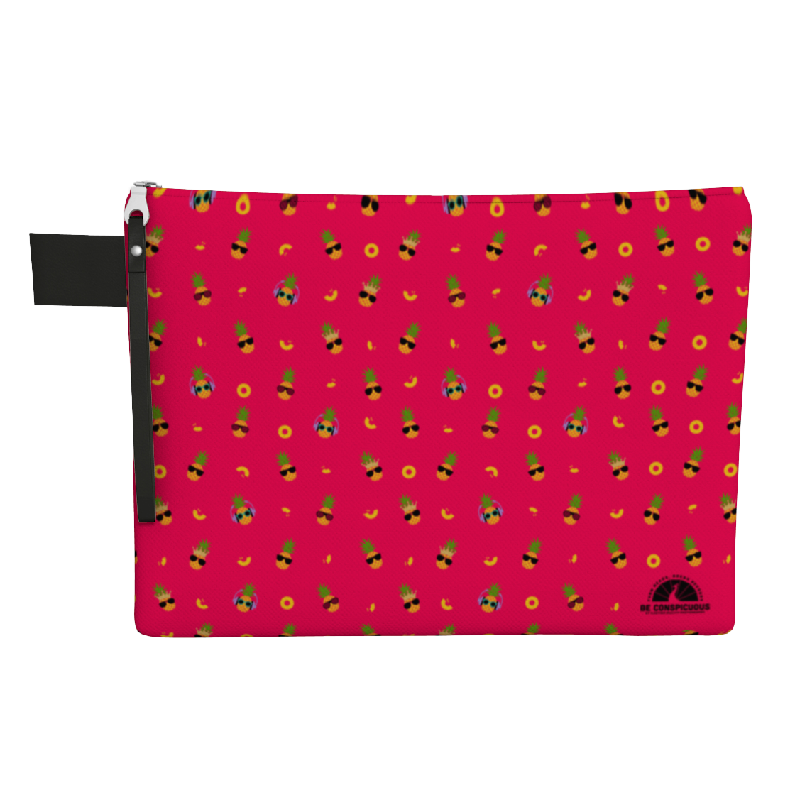 Pink carry-all zipper pouch with pineapples wearing sunglasses.