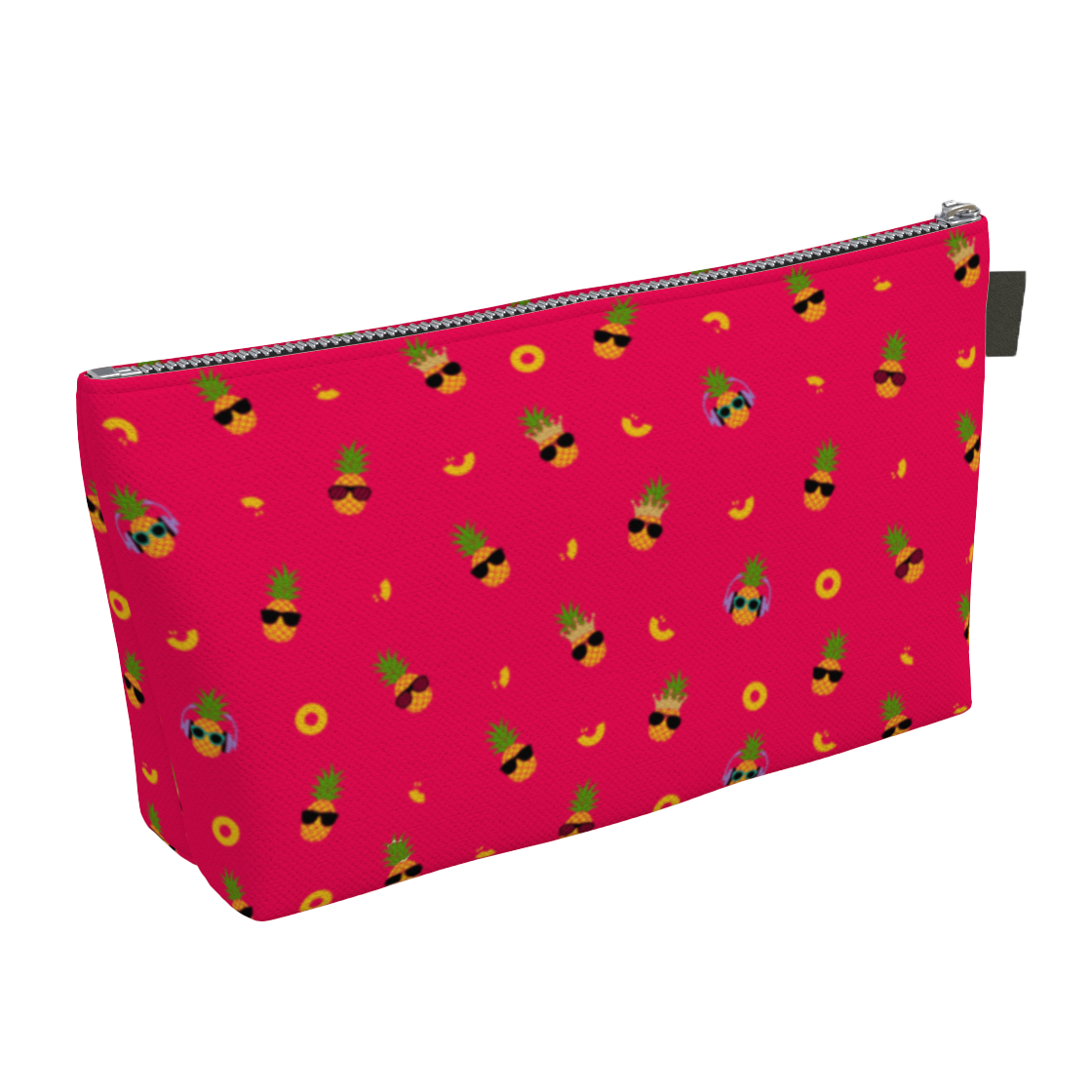 Pink, denim lined zippered small bags featuring pineapples wearing sunglasses.