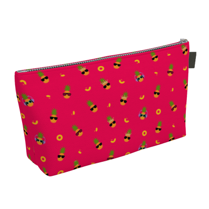 Pink, denim lined zippered small bags featuring pineapples wearing sunglasses.