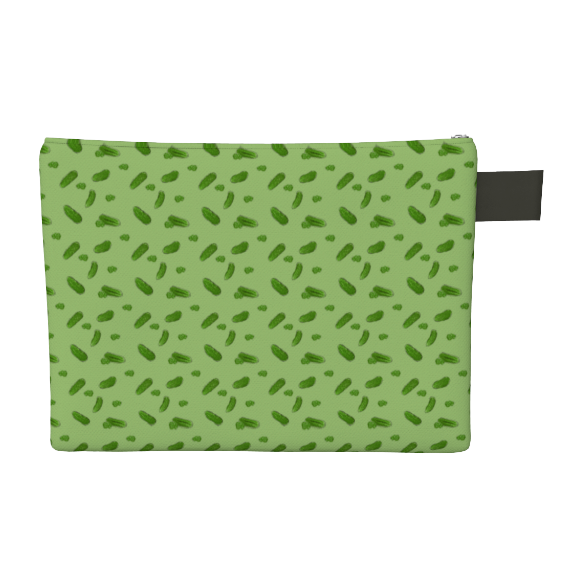 Green carry-all zipper pouch featuring pickles and pickle slices.