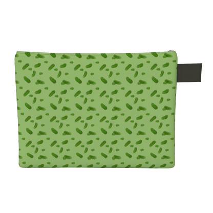 Green carry-all zipper pouch featuring pickles and pickle slices.