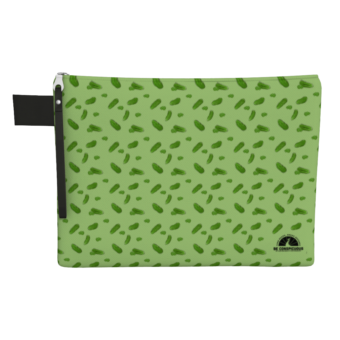 Green carry-all zipper pouch  featuring pickles and pickle slices.