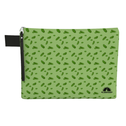 Green carry-all zipper pouch  featuring pickles and pickle slices.