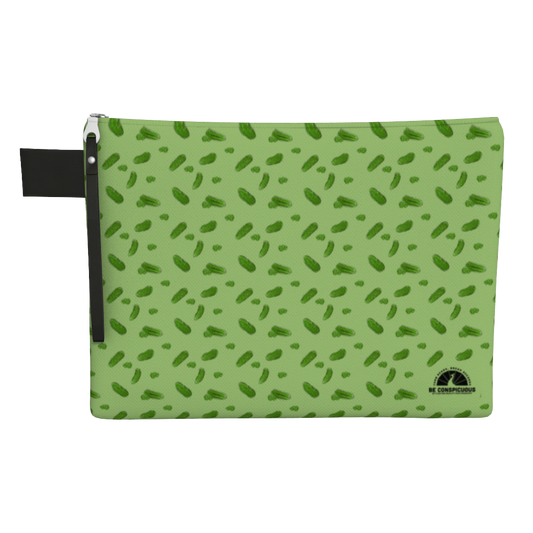 Green carry-all zipper pouch  featuring pickles and pickle slices.