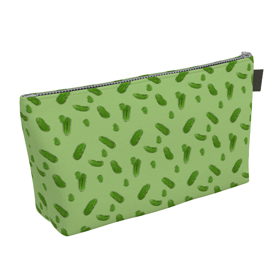 Green carry-all zipper pouch  featuring pickles and pickle slices.