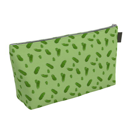 Green carry-all zipper pouch  featuring pickles and pickle slices.