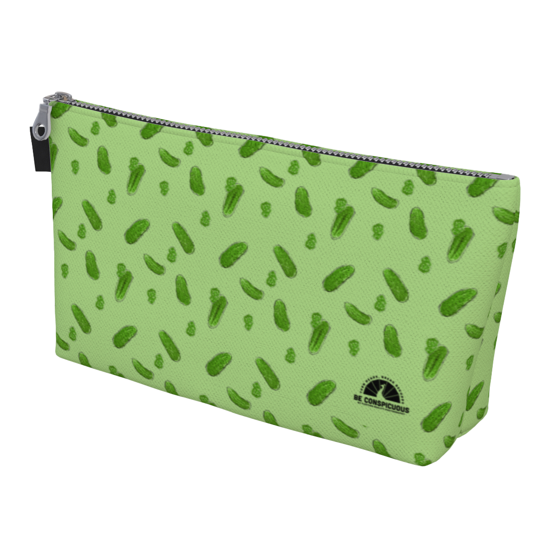 Green carry-all zipper pouch  featuring pickles and pickle slices.