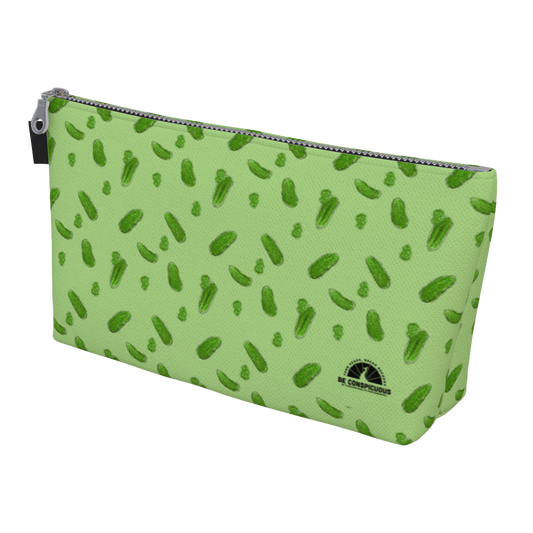 Green carry-all zipper pouch  featuring pickles and pickle slices.