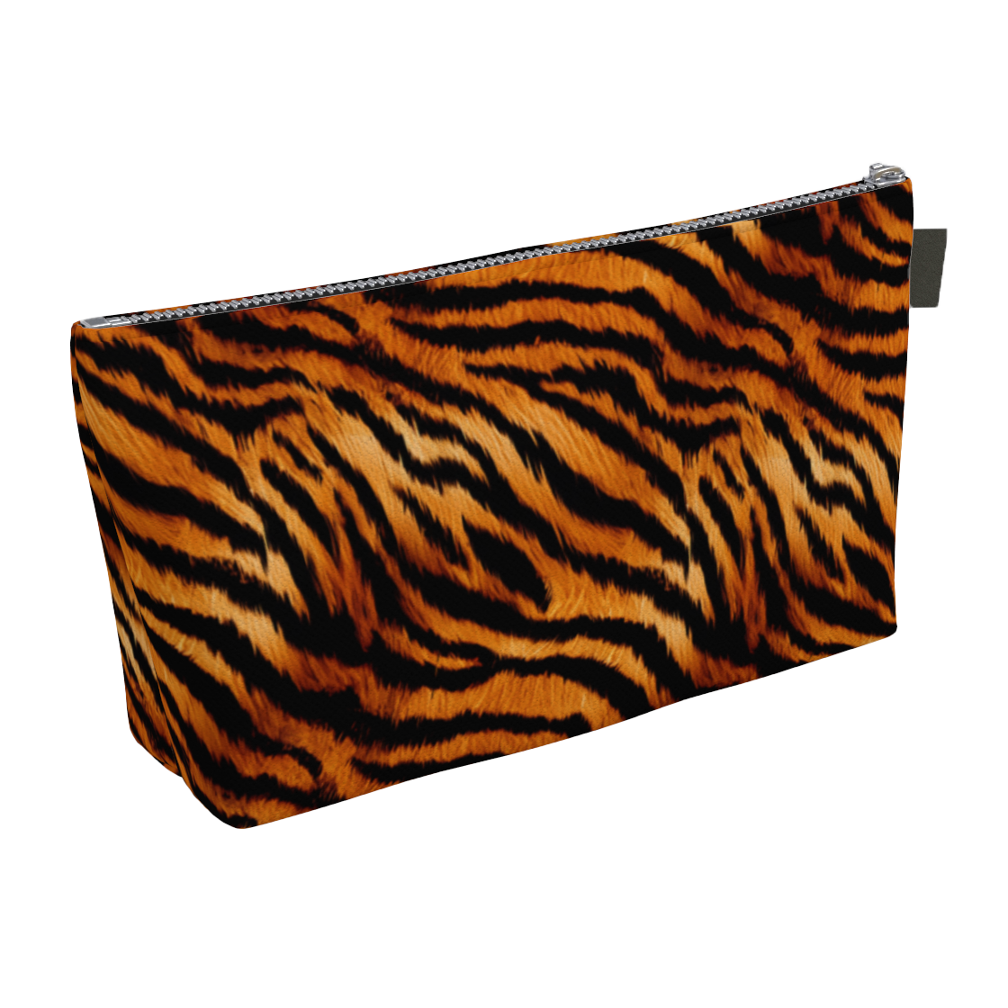 Small bag for make-up, travel, toiletries or other items with a tiger print.