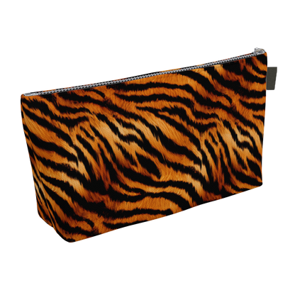 Small bag for make-up, travel, toiletries or other items with a tiger print.