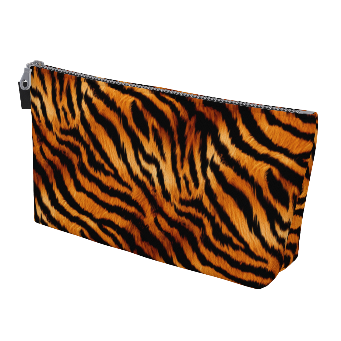 Small bag for make-up, travel, toiletries or other items with a tiger print.