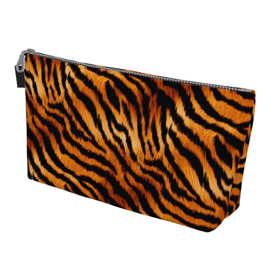 Small bag for make-up, travel, toiletries or other items with a tiger print.