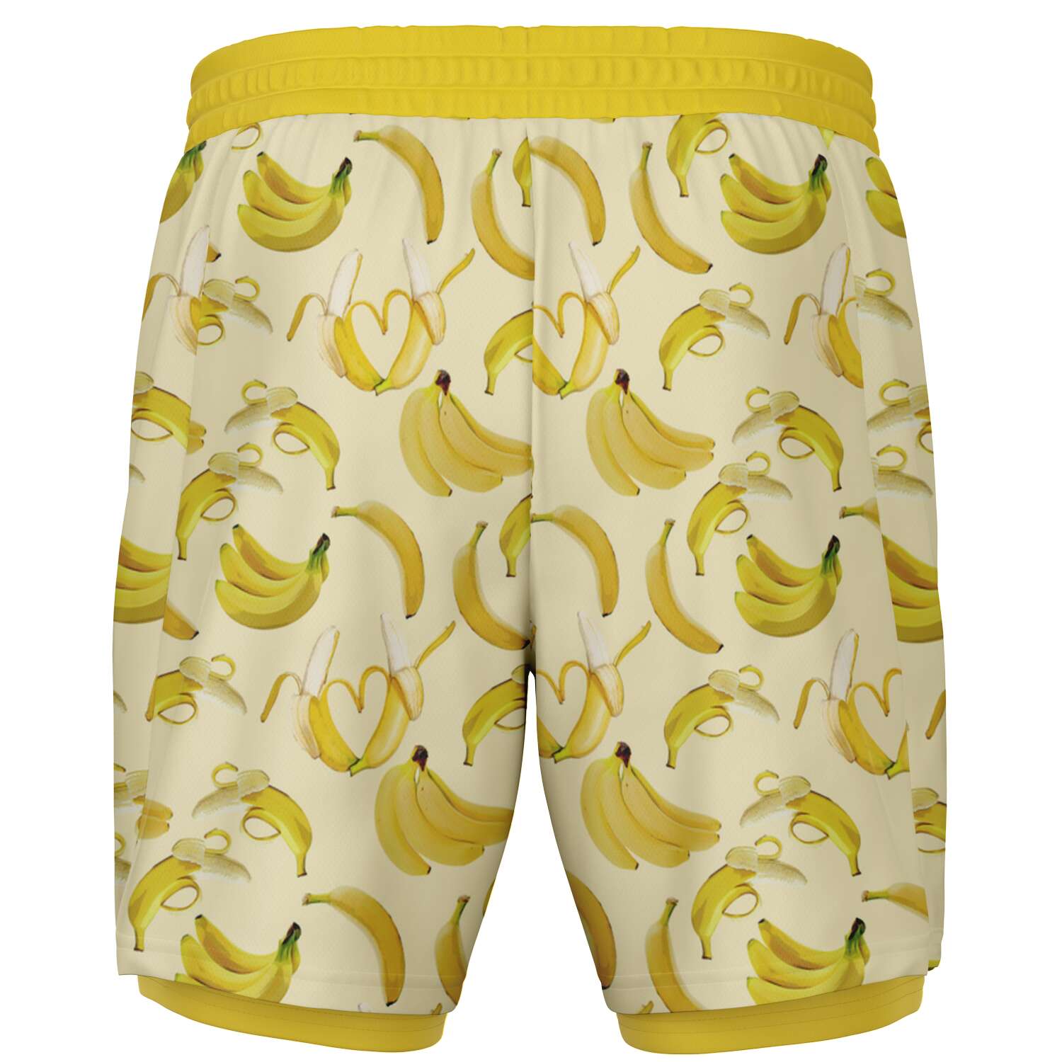 Men's 2-in-1 Shorts. These fun yellow workout shorts feature a banana design. Shorts have a drawstring, zip up side pockets, and hidden phone pocket.