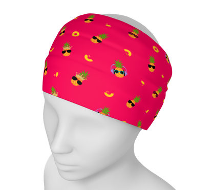 Pink headband/neck gaiter with pineapples wearing sunglasses.