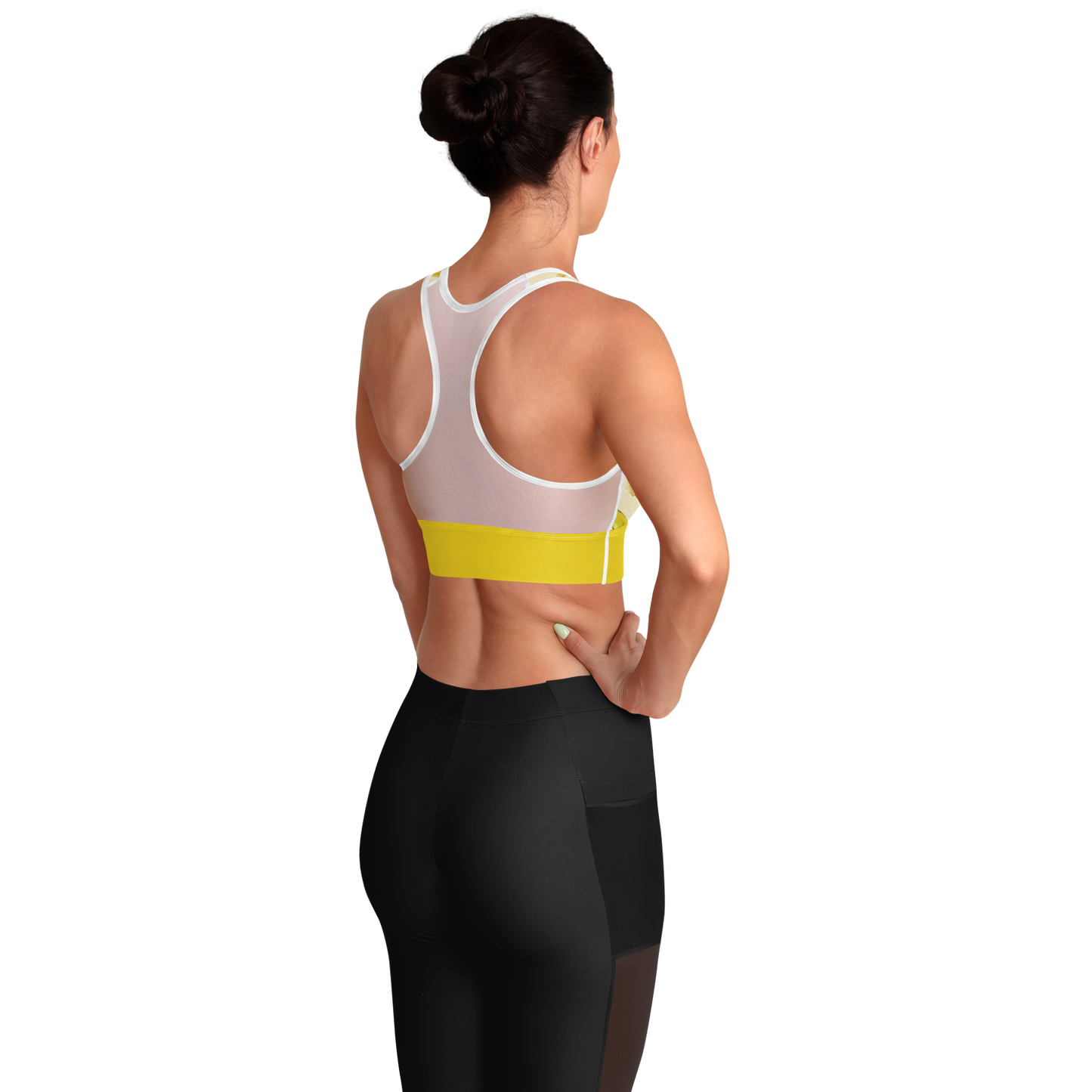 Women's Sports Bra features a soft yellow color, bananas, and a white mesh back.