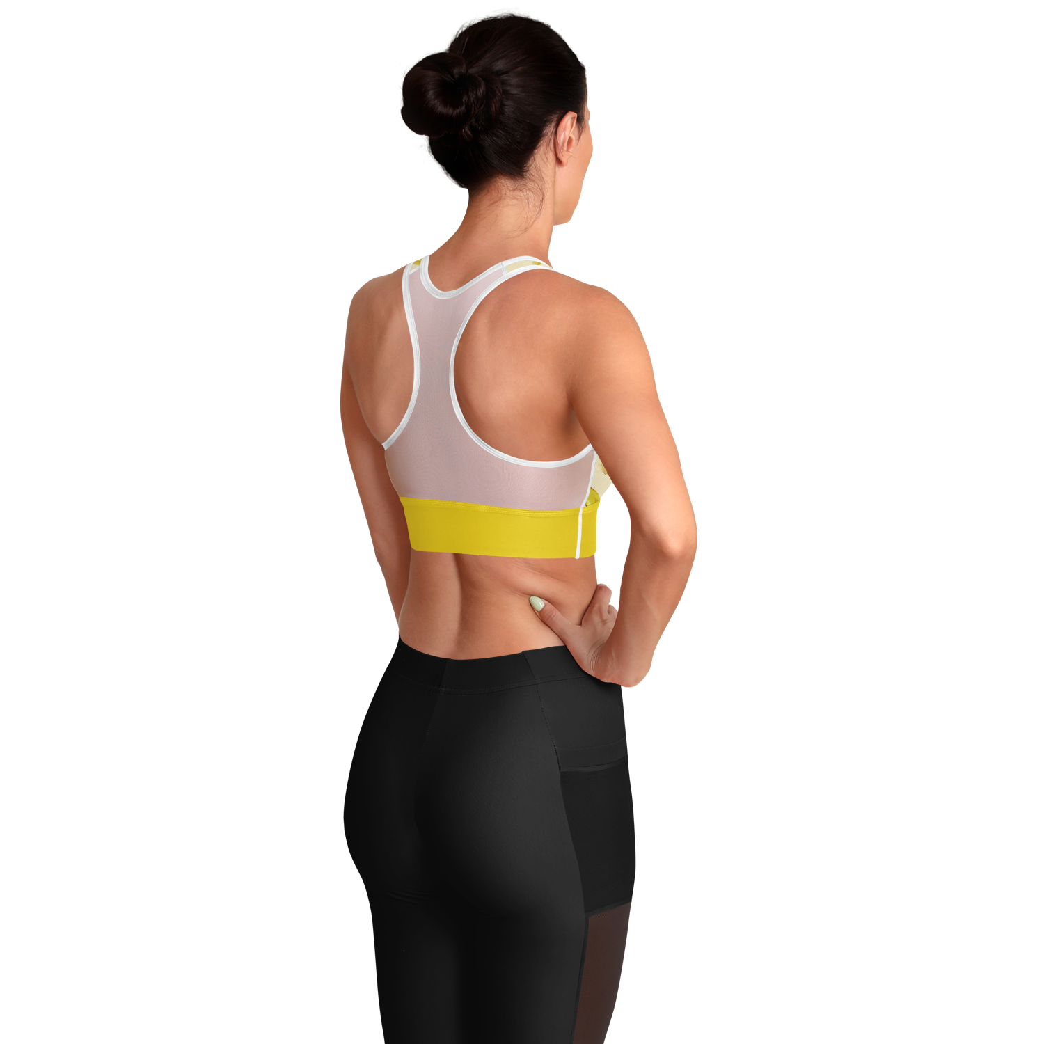 Women's Sports Bra features a soft yellow color, bananas, and a white mesh back.