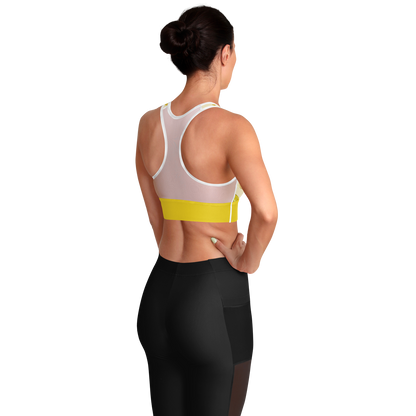 Women's Sports Bra features a soft yellow color, bananas, and a white mesh back.