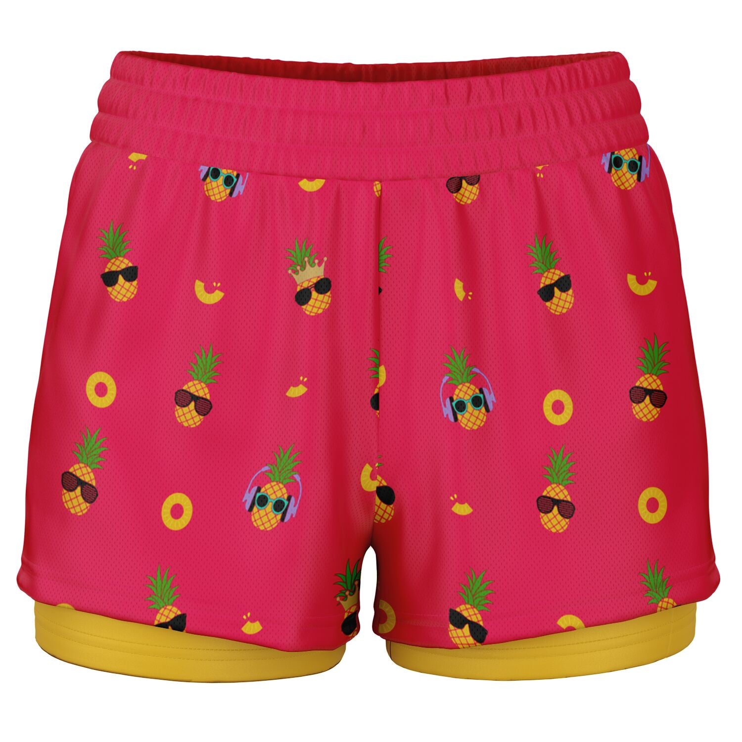 Women's 2-in-1 Shorts. These fun shorts feature a pink background with pineapples wearing a variety of sunglasses, and a yellow under-short with a hidden phone pocket.