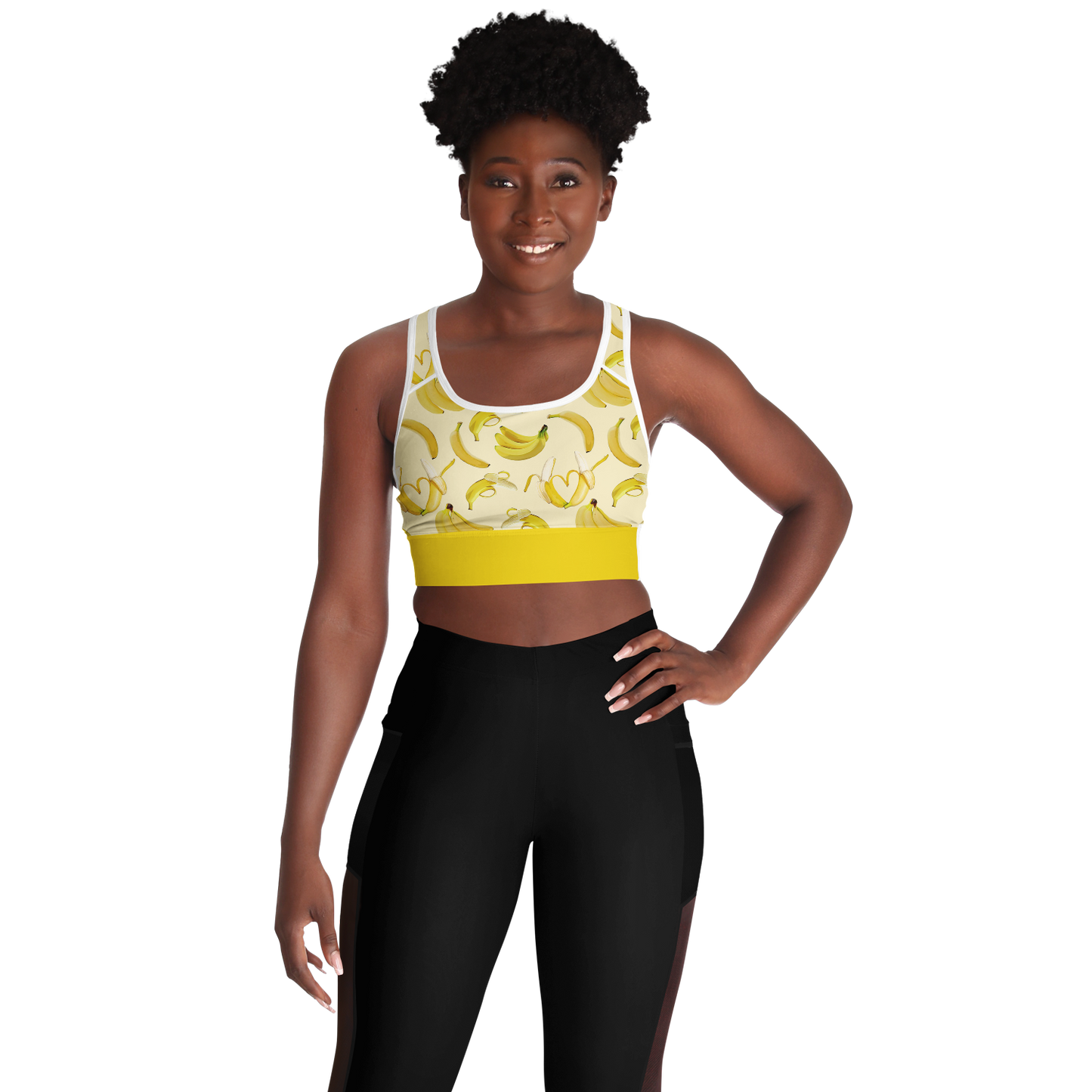 Women's Sports Bra features a soft yellow color, bananas, and a white mesh back.