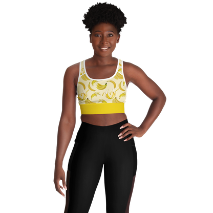 Women's Sports Bra features a soft yellow color, bananas, and a white mesh back.