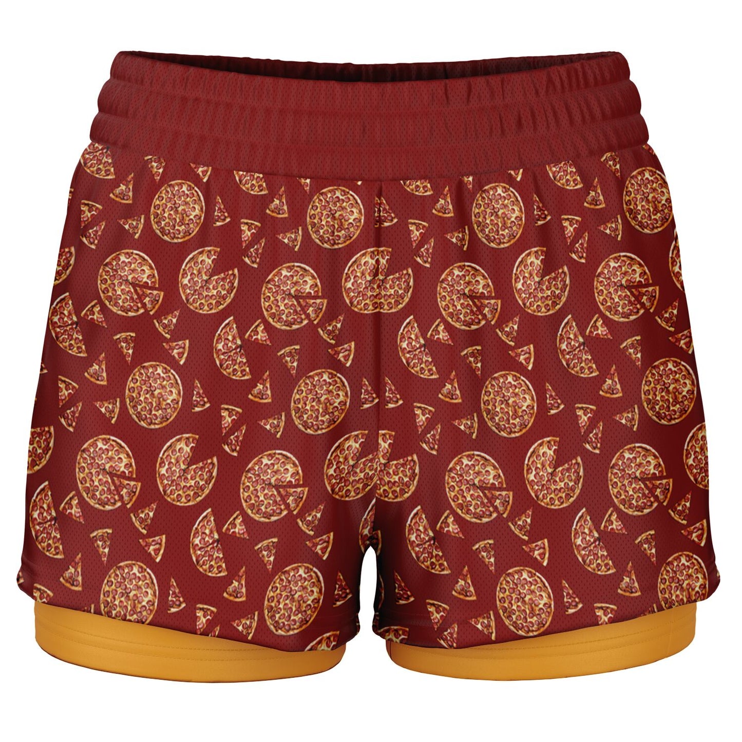 Women’s shorts featuring a pizza design of pizza pies and pizza slices on a red background with an orange under short.