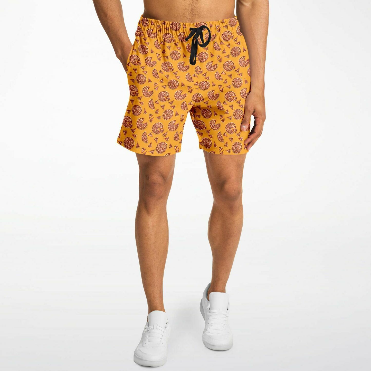 Men’s shorts featuring a pizza design of pizza pies and pizza slices on a yellow/orange background with two side pockets.