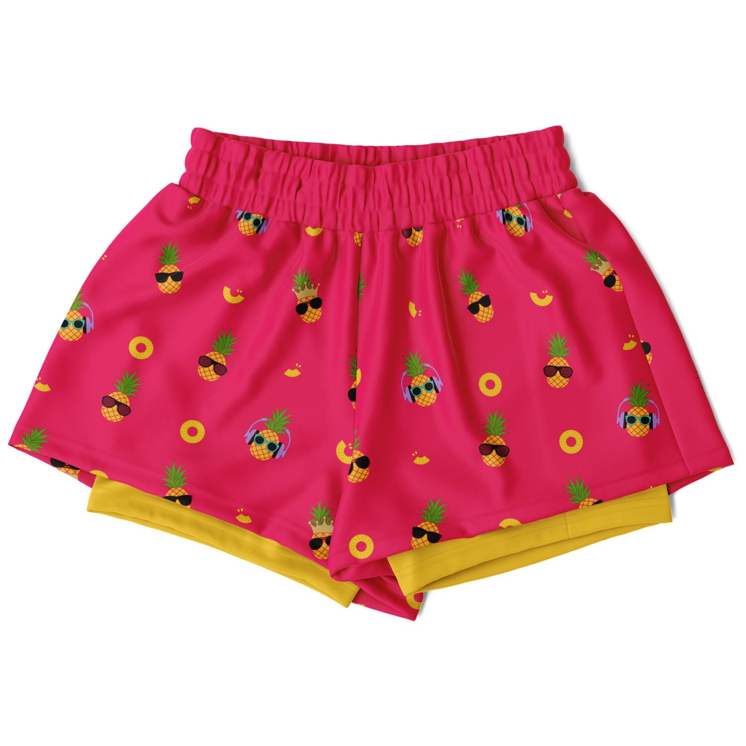 Women's 2-in-1 Shorts. These fun shorts feature a pink background with pineapples wearing a variety of sunglasses, and a yellow under-short with a hidden phone pocket.