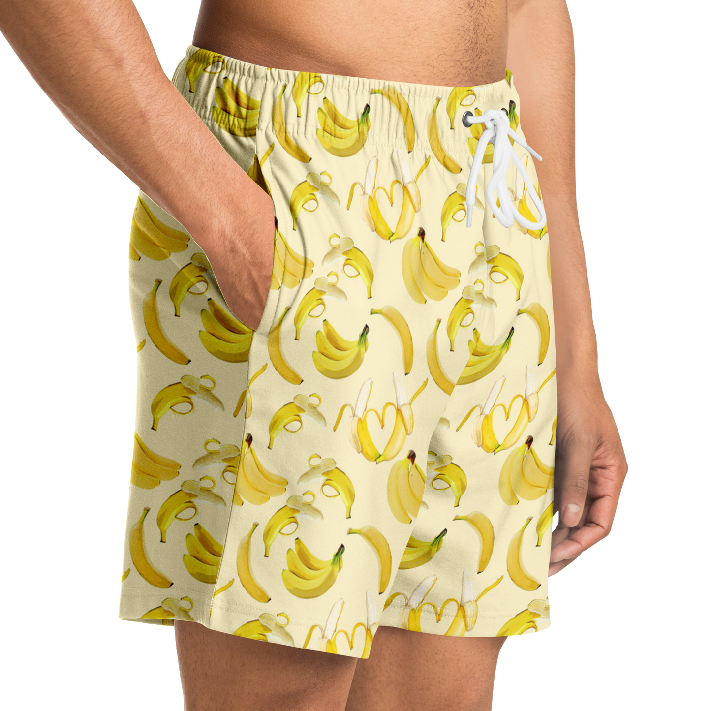 Men's Athletic Shorts. These yellow shorts feature a banana design. Shorts have a drawstring and two side pockets.