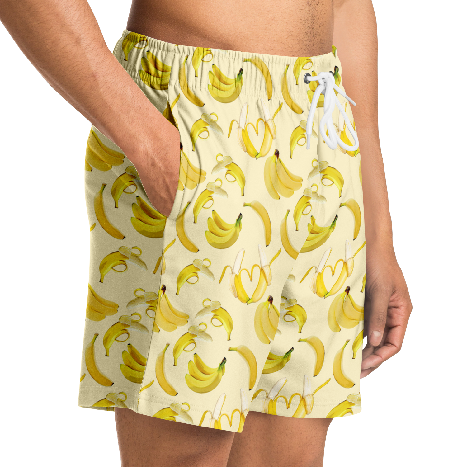 Men's Athletic Shorts. These yellow shorts feature a banana design. Shorts have a drawstring and two side pockets.