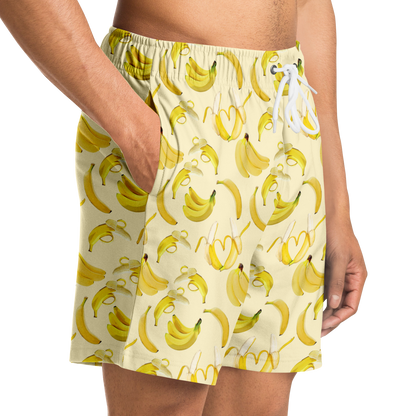 Men's Athletic Shorts. These yellow shorts feature a banana design. Shorts have a drawstring and two side pockets.