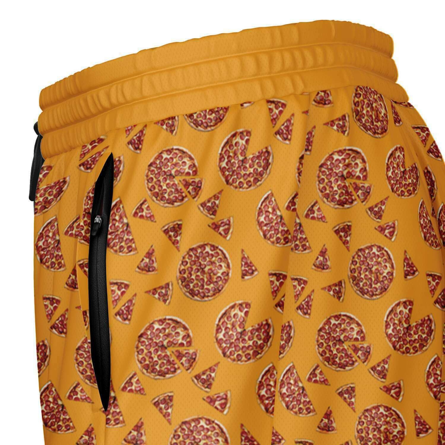 Men's shorts featuring a pizza design of pizza pies and pizza slices on a yellow background with a red under short.