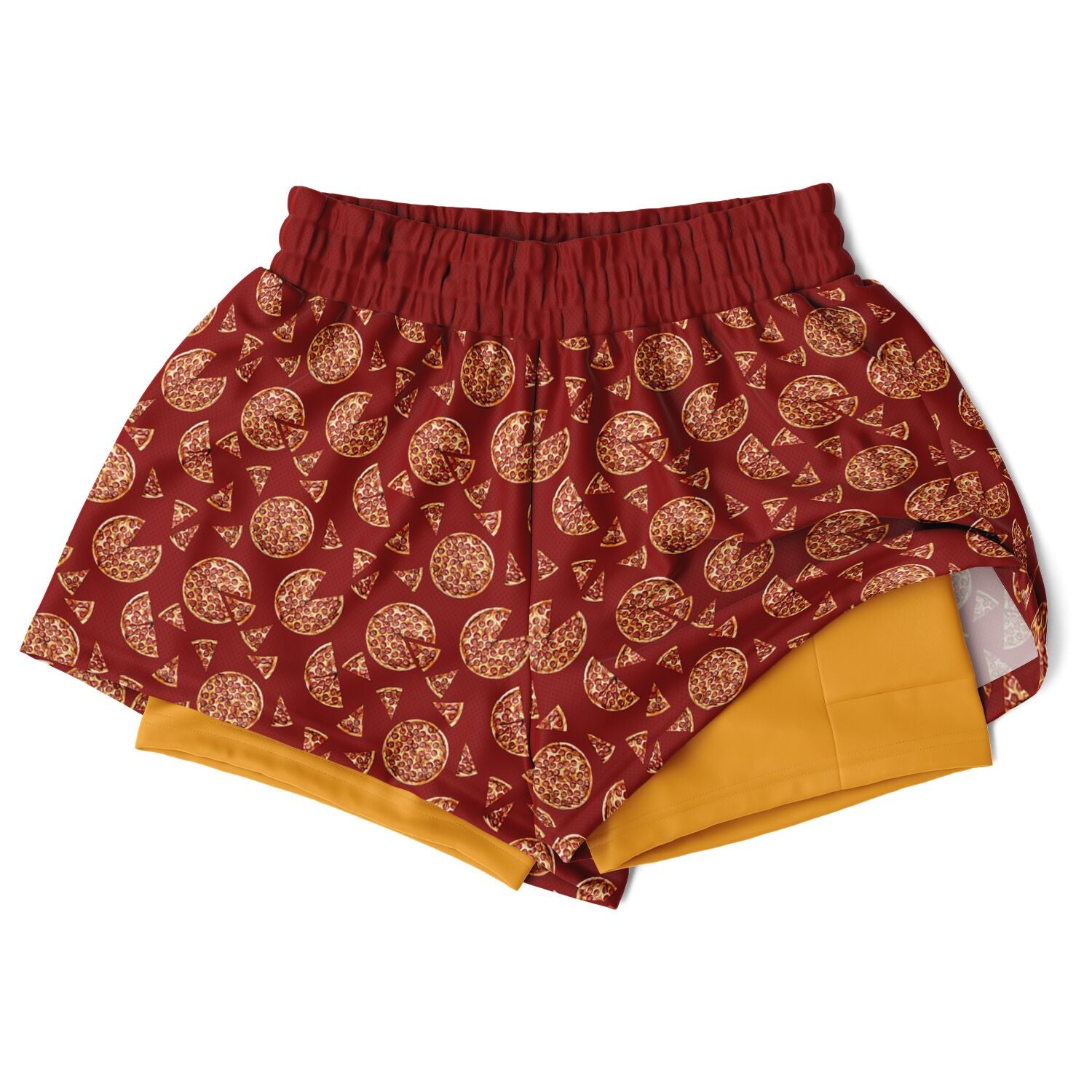 Women’s shorts featuring a pizza design of pizza pies and pizza slices on a red background with an orange under short.