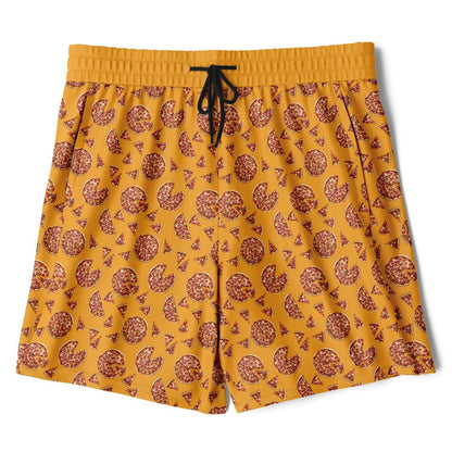 Men's shorts featuring a pizza design of pizza pies and pizza slices on a yellow background with a red under short.