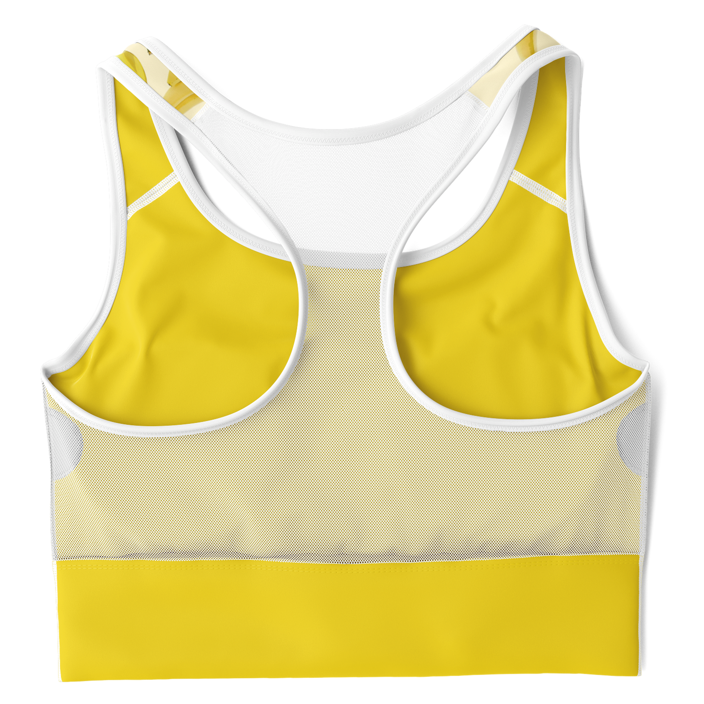 Women's Sports Bra features a soft yellow color, bananas, and a white mesh back.