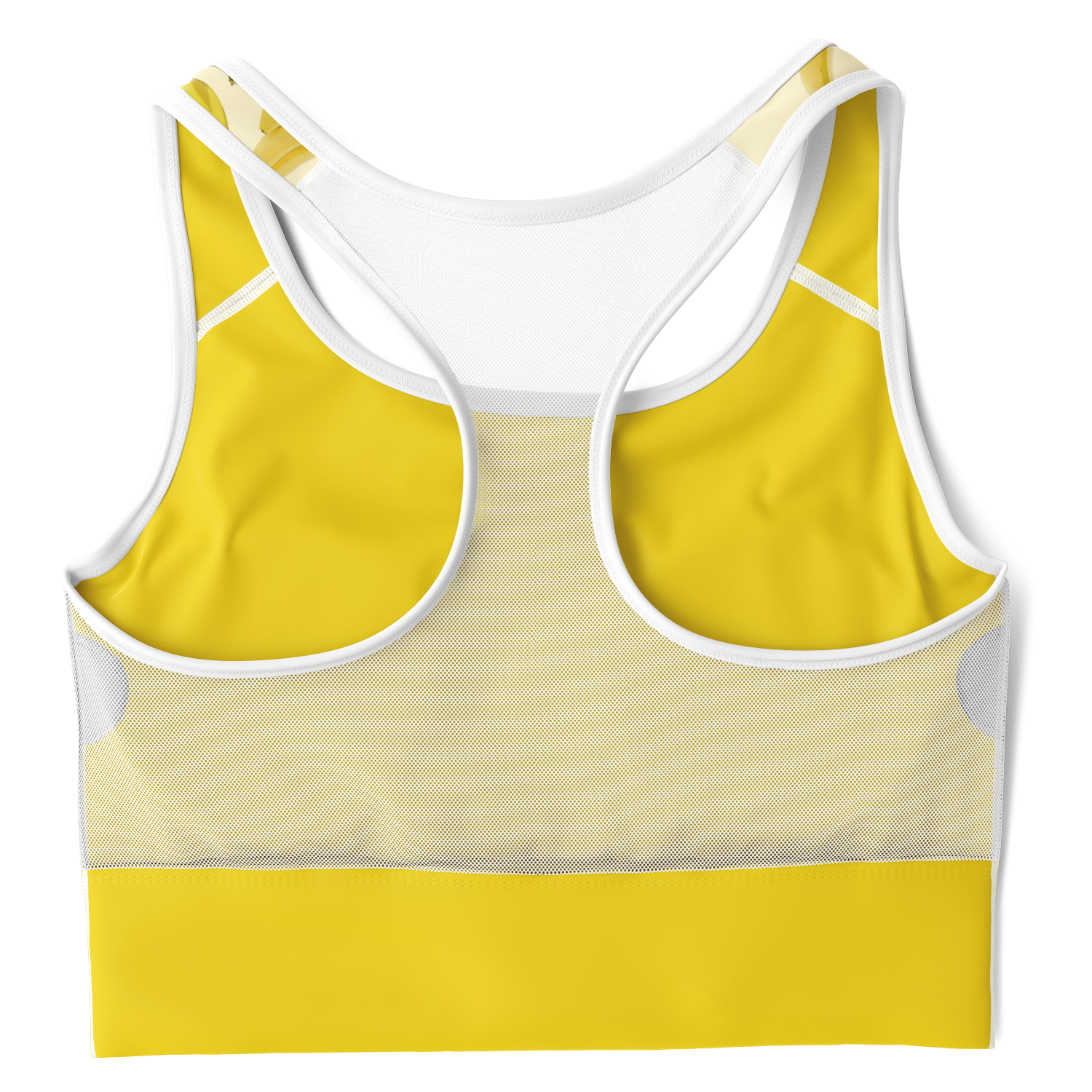 Women's Sports Bra features a soft yellow color, bananas, and a white mesh back.