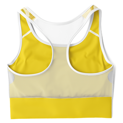 Women's Sports Bra features a soft yellow color, bananas, and a white mesh back.